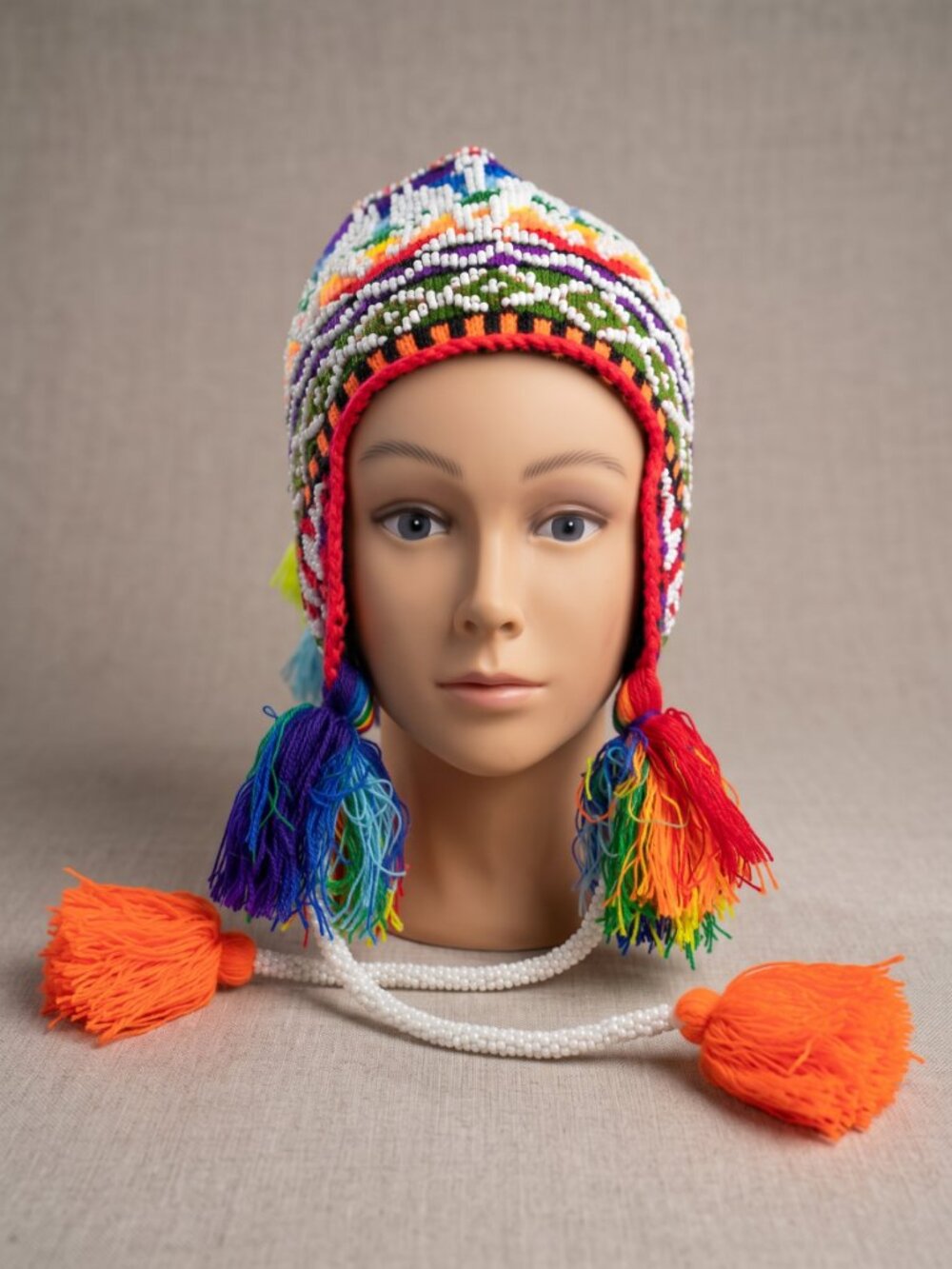 Handcrafted Andean Chullo with Embroidery, Seed Beads, and Multicolored Pom-poms